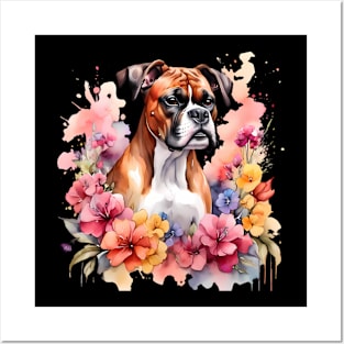 A boxer dog decorated with beautiful watercolor flowers Posters and Art